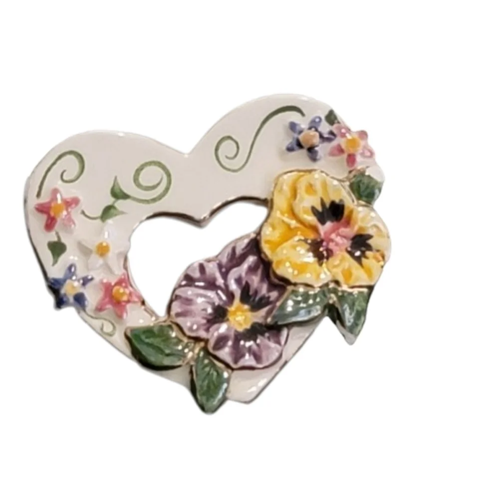 Vintage Ceramic Heart Brooch with Pansies and Wildflowers